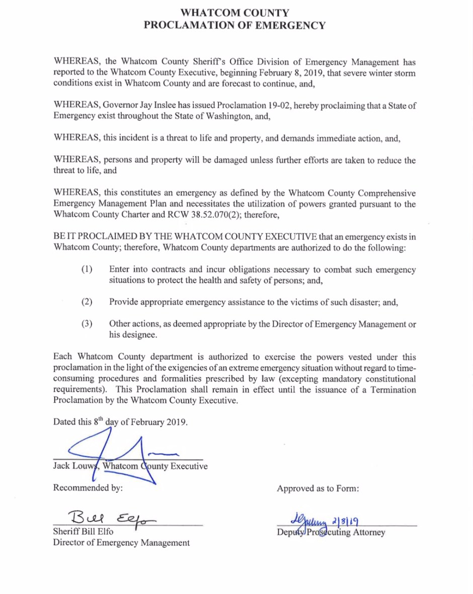Whatcom County 020819 proclamation of emergency