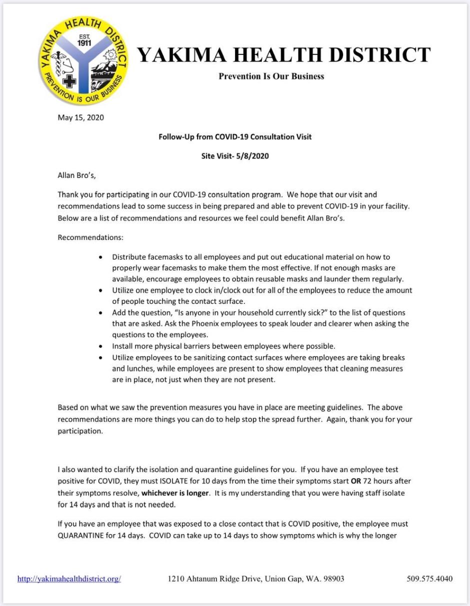 Yakima Health District’s May 15, 2020, “Follow Up from Covid-19 Consultation Visit, Site Visit - 5:8:2020” letter