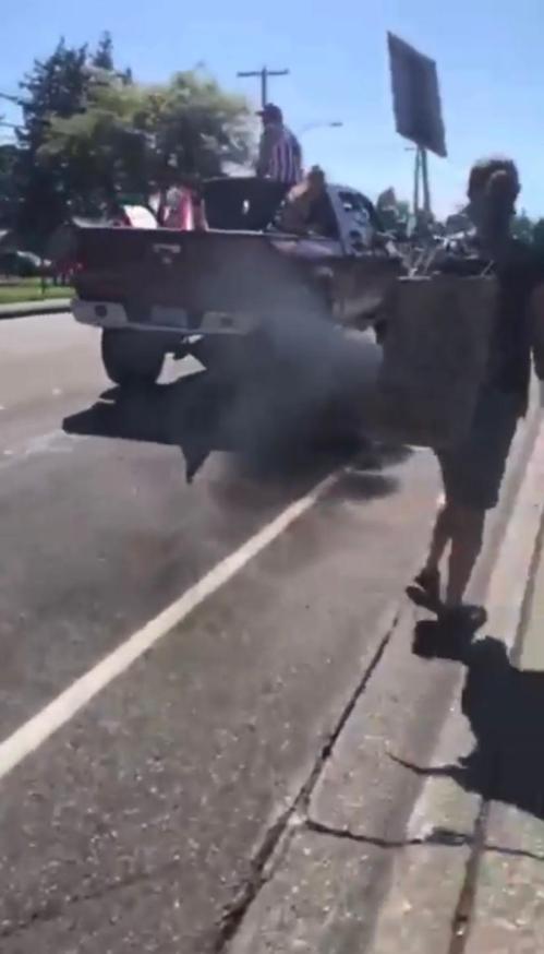 Red Pick Up Rolling Coal Lynden 070520